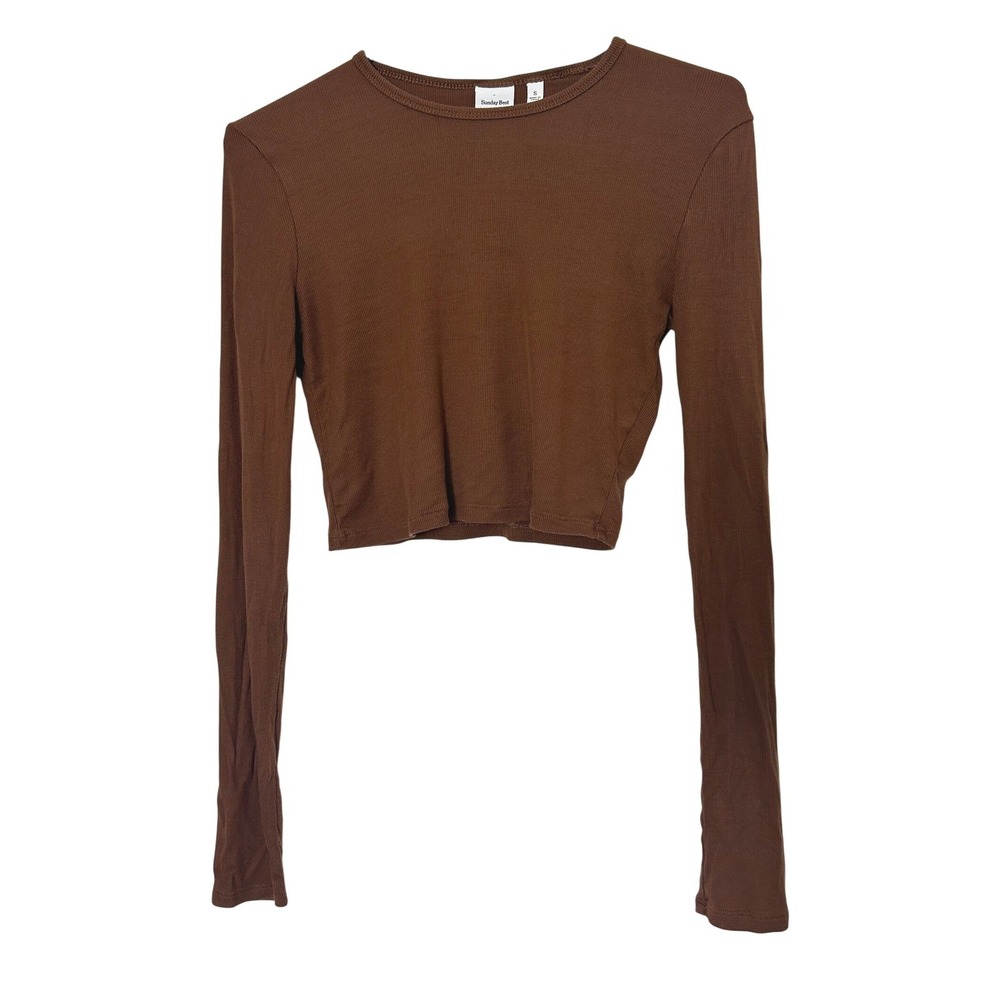 Aritzia Sunday Best Bliss Cropped Longsleeve Top S Brown Ribbed Tencel Fall